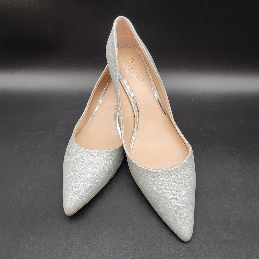 Jewel Badgley Mischka 9 Silver Glitter Kitten Heel Pump Formal Evening Sparkle
